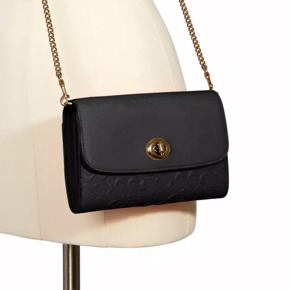 Coach Black Signature Leather Chain Crossbody with Gold Chain